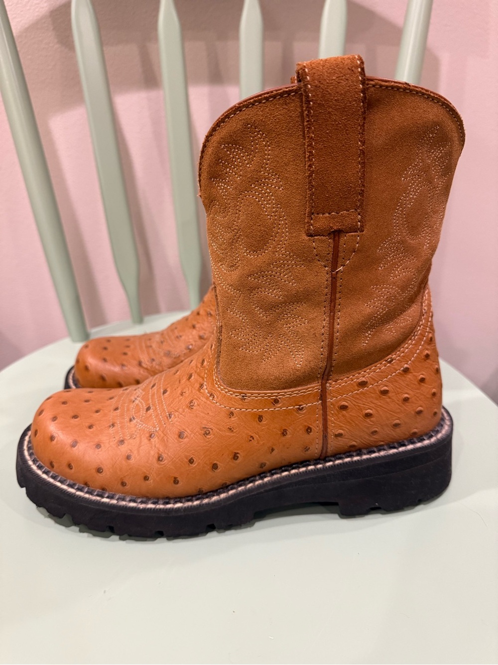 Women's Ariat Fatbaby Cognac Ostrich Print Leather Ankle Western Boots